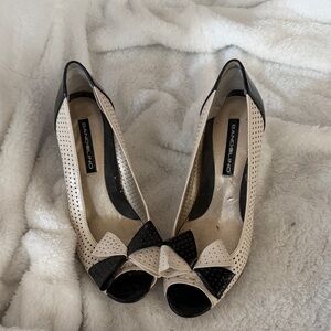 Bandolino Black and Cream Bow Peep Toe Heels